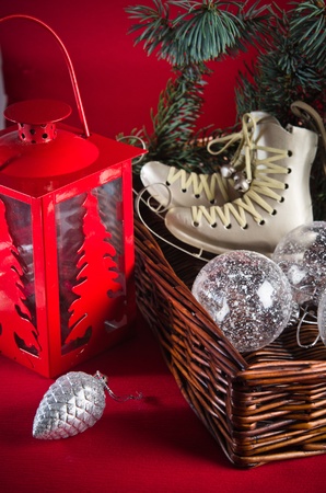 Christmas decoration with presents  and balloons on red backgroundの写真素材