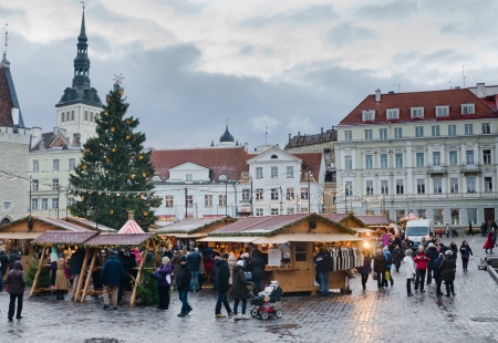 TALLINN, ESTONIA â DECEMBER 01  People enjoy Christmas market in Tallinn on December 01, 2013 in Tallinn , Estonia  It is Estonia oldest Christmas Market with a very long history dating back to 1441 のeditorial素材