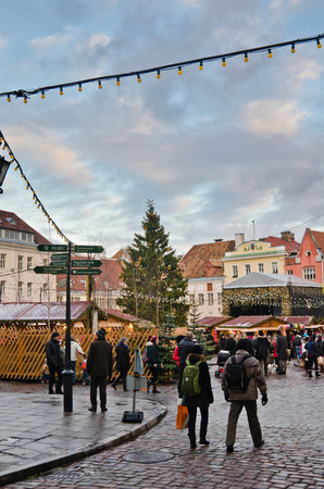 TALLINN, ESTONIA â DECEMBER 01  People enjoy Christmas market in Tallinn on December 01, 2013 in Tallinn , Estonia  It is Estonia oldest Christmas Market with a very long history dating back to 1441 のeditorial素材