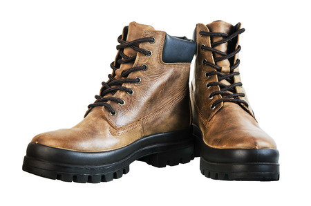 Leather winter boot. Isolated on a white backgroundの写真素材