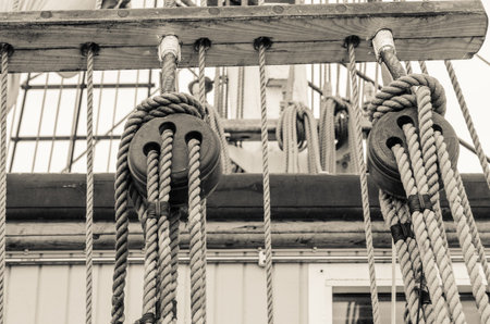 Blocks and rigging of an old sailboat, close-up