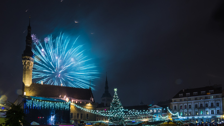 TALLINN, ESTONIA- JANUARY 1: People celebrate approach of New year on January 1, 2013 in Tallinn , Estonia.  It is Estonia oldest Christmas Market with a very long history dating back to 1441.のeditorial素材