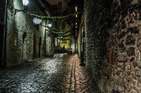 Night view of the street, Tallinn Estonia.のeditorial素材