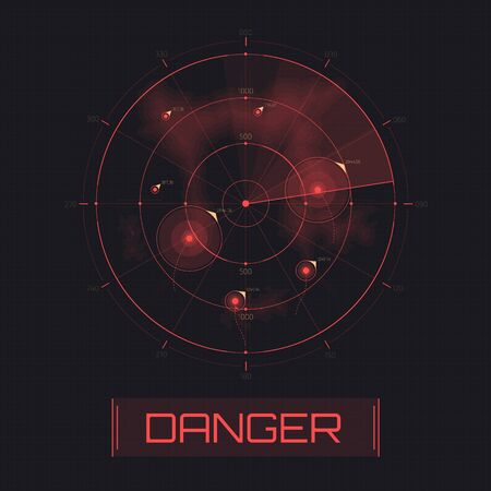 Vector Radar screen. Text with warning message danger. Attack warning. Futuristic HUD radar display. Sci-fi design element isolated on background. Military air scan. Submarine navy search.のイラスト素材