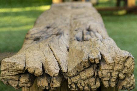 Empty wooden table over blur green background, natural scene with copyscapeの写真素材