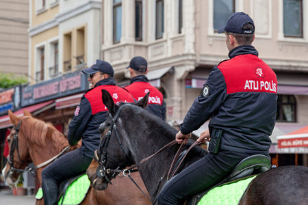 Istanbul, Turkey - May 09 2019: Mounted police officers from the Istanbul Equestrian Police...