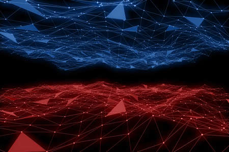 Blue network connection lines on top of a red network connection lines. Futuristic background for technology concept, abstract illustrationの写真素材
