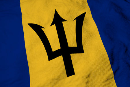 Full frame close-up on a waving Barbadian flag in 3D rendering.
