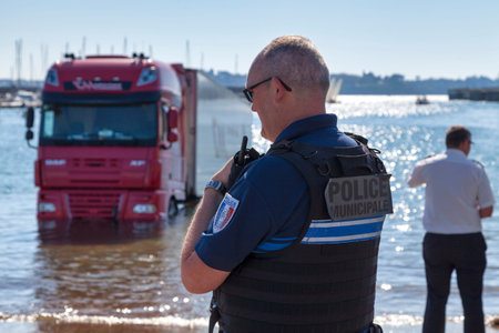 Saint-Malo, France - June 02 2020: Municipal police officer in intervention at the port because of a...