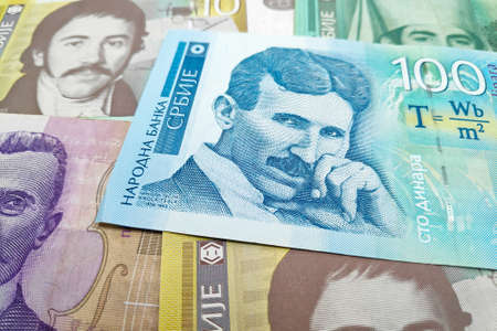 Stack of Serbian dinar banknotes as background.の写真素材