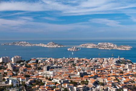 Aerial view of the district of "Le Pharo" with off the coast of Marseilleの写真素材