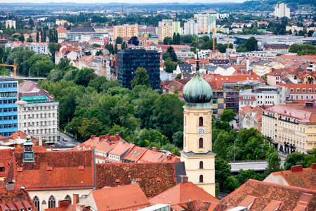 Graz, Austria - May 28 2019: Aerial view of the Franciscan Church (Austrian: Franziskanerkirche Graz) in the city center.のeditorial素材