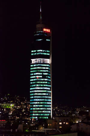 Sarajevo, Bosnia and Herzegovina - May 26 2019: The Avaz Twist Tower is a 176 m tall skyscraper serving as headquarters for Dnevni avaz, a Bosnian newspaper company.のeditorial素材