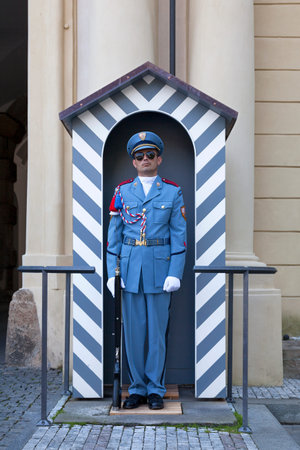Prague, Czech Republic - June 14 2018: Royal guard at the entrance of Prague Castle.