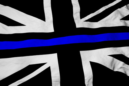 Full frame close-up on a waving black and white British flag with a blue stripe in 3D rendering.