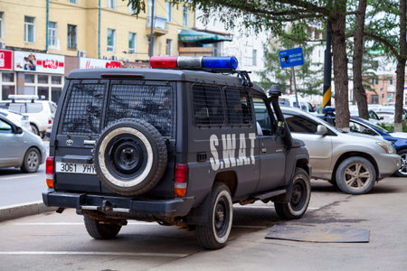 Ulan Bator, Mongolia - July 31 2018: 4x4 of the SWAT parked outside of a police station in the capital.のeditorial素材