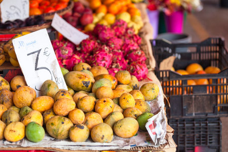 Fruit stall from a farmersâ€™ market named - Le petit marchÃ© - in Saint Denis, Reunion...