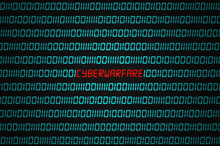 Red word Cyberwarfare hidden in the middle of a binary code sequence.