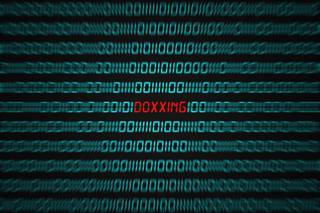 Red word Doxxing hidden in the middle of a binary code sequence.