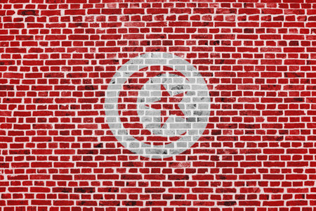 Close-up on a brick wall with the flag of Tunisia painted on it.の写真素材
