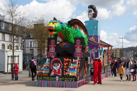 Landerneau, France - April 03 2022: Coco themed float of the Carnaval de la Lune EtoileÌe.