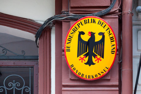 Odessa, Ukraine - June 28 2018: Sign at the entrance of the German Honorary Consul.のeditorial素材