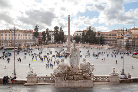 Rome, Italy - March 17 2018: The Fountain of the Goddess of Rome on the terrace of the Pincio facing the Flaminio Obelisk at the Piazza del Popolo.のeditorial素材
