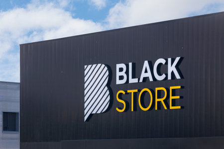 Saint-Martin-des-Champs, France - August, 24 2022: Sign of Blackstore, a brand of the INTERSPORT group organized as a cooperative specializing in ready-to-wear for women, children and men.のeditorial素材