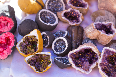 Various Geodes on display in the souk of Marrakesh in Morocco.
