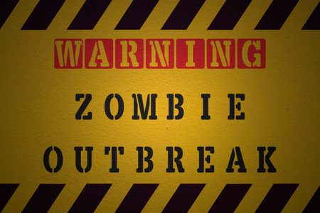 Black striped yellow background with a Warning zombie outbreak sign and a light effect to dramatize the whole.の写真素材
