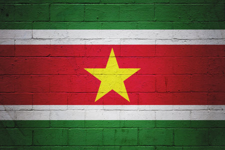 Flag of Suriname painted on a cinder block wall.の写真素材