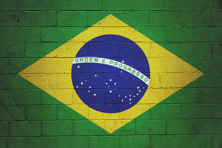 Flag of Brazil painted on a cinder block wall.の写真素材