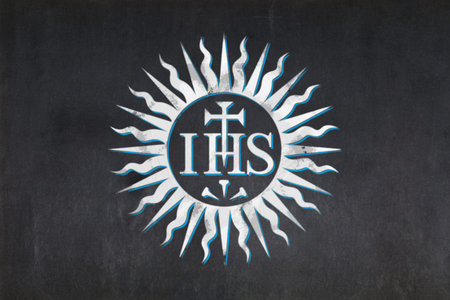 Blackboard with a the Christogram of the jesuits drawn in the middle.の写真素材