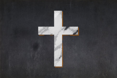 Blackboard with the Cross symbol from the Christian religion drawn in the middle.の写真素材