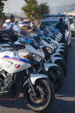 Saint Denis, Reunion - July 14 2016: Police motorcycles in line before starting the parade of Bastille Day.のeditorial素材