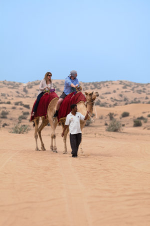 Dubai, UAE - March 22 2014: Tourists riding camels in the Liwa desert just outside Dubai.のeditorial素材