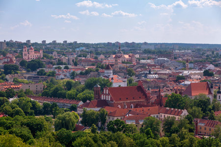 Aerial view of Vilnius in Lithuania including many landmarks.