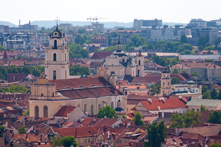 Aerial view of Vilnius University (Church of St. Johns & its Bell Tower), as well as the Dominican Church of the Holy Spirit and the Astronomical Observatory.の写真素材