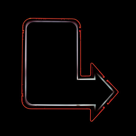 Big red neon light shaped into an arrow turning right isolated on a black background and with a huge...