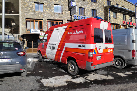 Pas de la Casa, Andorra - November 19 2019: Ambulance of the firefighters (Catallan: Bombers) parked...