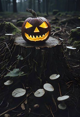 A lit Jack O'Lantern on a tree stump with mushrooms sprouting from its base created with Generative AI technology.の素材