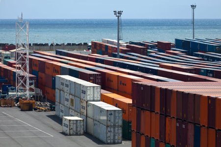 Le Port, Reunion Island - Marsh 08 2017: Containers at the Port Reunion Est, a commercial dock...