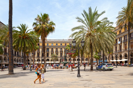 Barcelona, Spain - June 08 2018: The fountain of the Three Graces (Catalan: Font de les Tres GrÃ cies) is located in the Plaza Real de Barcelona, in the district of Ciutat Vella.のeditorial素材