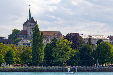 Geneva, Switzerland - June 11 2018: The St. Pierre Cathedral (French: CathÃ©drale protestante Saint-Pierre de GenÃ¨ve), was built as a Roman Catholic cathedral, but became a Reformed Protestant Church of Geneva during the Reformation.のeditorial素材