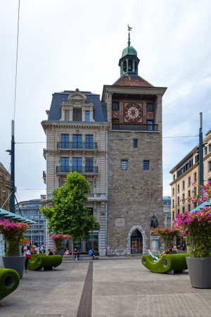 Geneva, Switzerland - June 11 2018: The Tower of the Island (French: Tour de l'Ãle), last vestige of the medieval castle.のeditorial素材