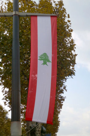 Banner of Lebanon attached to a lamp post.の写真素材