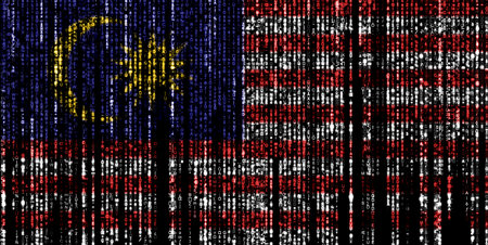 Flag of Malaysia on a computer binary codes falling from the top and fading away.の写真素材