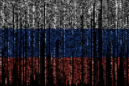 Flag of Russia on a computer binary codes falling from the top and fading away.の写真素材