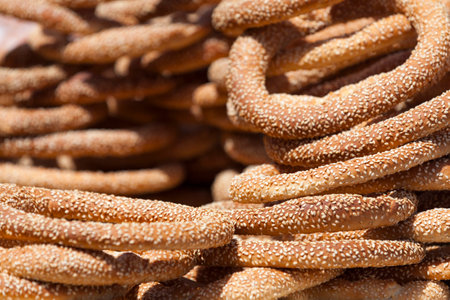 Close-up on a stack of Greek Sesame Bread rings (Koulouri Thessalonikis).の写真素材