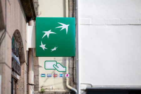 Carhaix, France - May 01 2023: Sign of BNP Paribas, a French multinational universal bank and financial services holding company.のeditorial素材